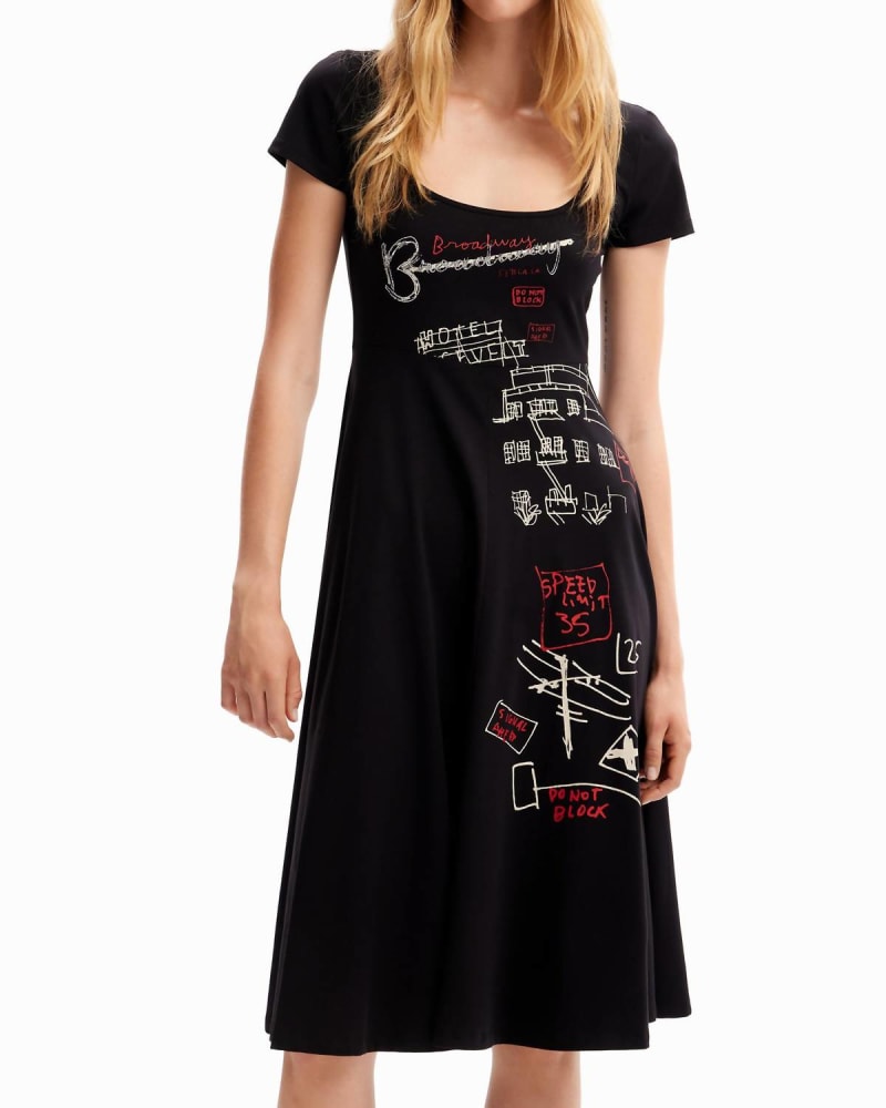 Front of a model wearing a size L Arty Graphic Dress In Black in Black by Desigual. | dia_product_style_image_id:346893